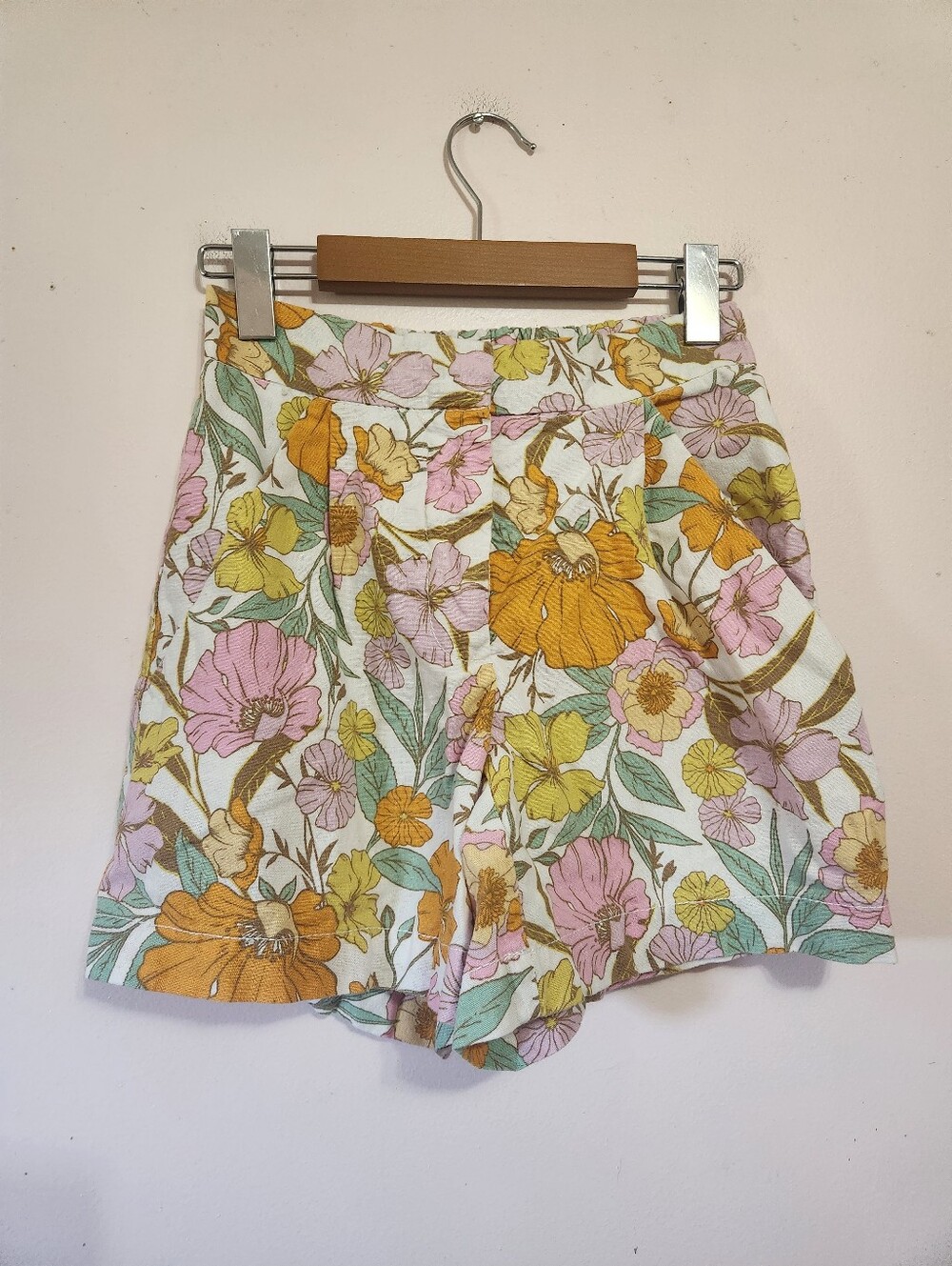 LUCKY BRAND Retro 70s Floral Print Linen Cotton Pleated High Rise Shorts XS